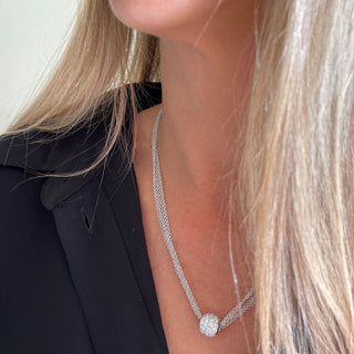 model wearing Valora Silver Necklace, CZ ball pendant on chain