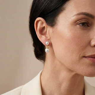 Model wearing Candice Pearl Drop Earrings