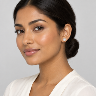 Different model wearing Mac 8 White Pearl studs