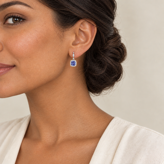 Model wearing Tanis Silver Tanzanite Earrings