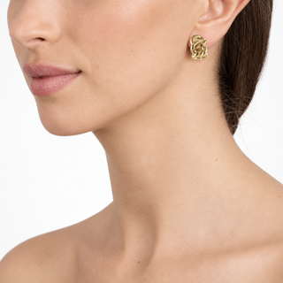 Link gold clip-on earrings model image in colour with smooth skin