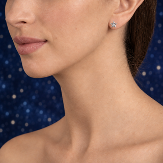 Luna silver star earring model preview with blurred star-filled night sky