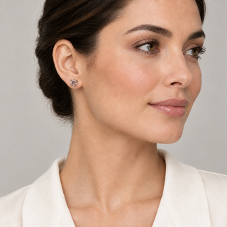 Model wearing Laine 6 mm Vintage Rose Gold earrings