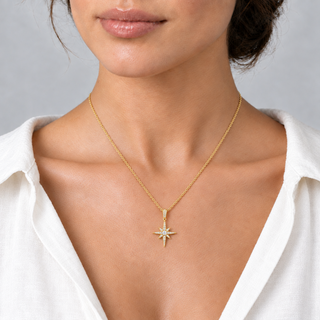 Model wearing North Star Gold Pendant with a 1.5 cm star