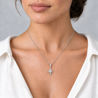 Model wearing North Star Silver Pendant with a 1.5 cm star