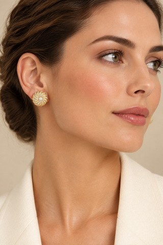 Model wearing Rimon Gold Clip On Earrings