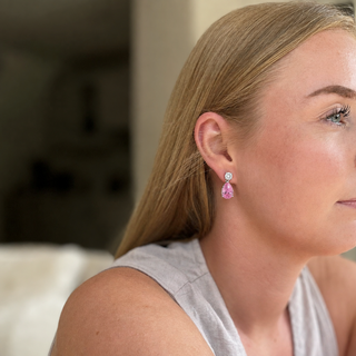 Model wearing Shade Silver Pink Drop Earrings