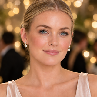 Model wearing Sheri Gold Drop Earrings at a party