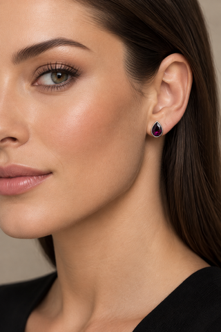 Ran Silver Amethyst earrings on a model