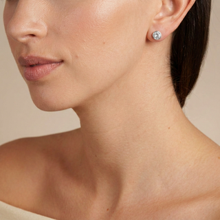 Model wearing Thisbe Silver Earrings, 8mm crystal studs