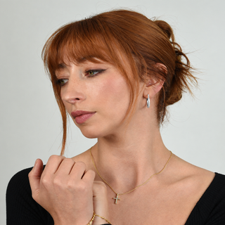 Model wearing Vice Silver Hoop Earrings